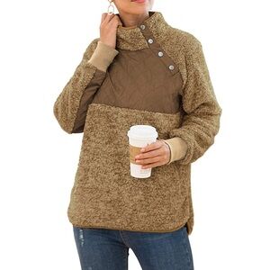 VIISHOW Turtleneck Oblique Button Neck Fleece Quilt Pullover